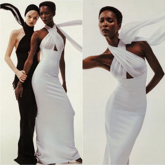 Helsa Amber Sheer Mesh Halterneck Tie Bodycon White Maxi Dress Size Medium - Picture 2 of 11